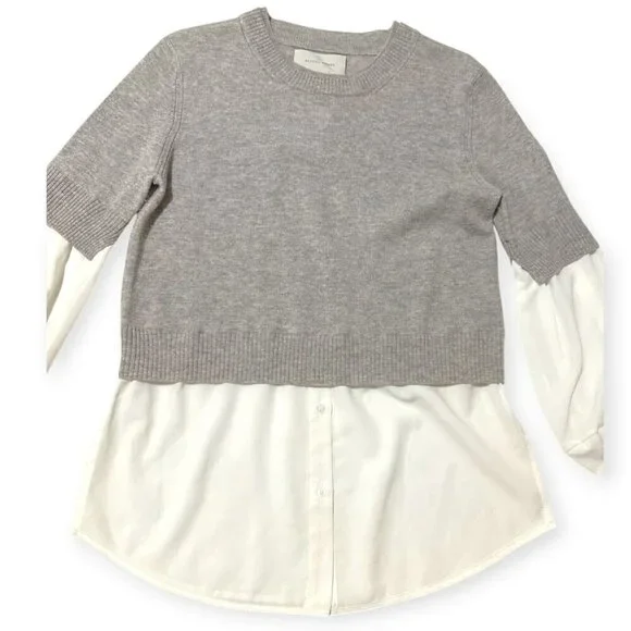 BROCHU WALKER The Ebella Layered Crew SweaterSize M, Gray/White BROCHU WALKER The Ebella Layered Crew SweaterSize M, Gray/White